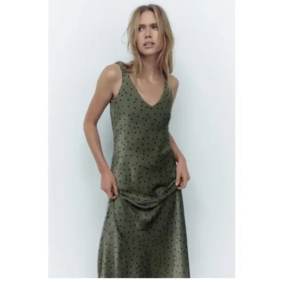 Zara Olive Green Polka Dot Maxi Dress - Picture 1 of 4